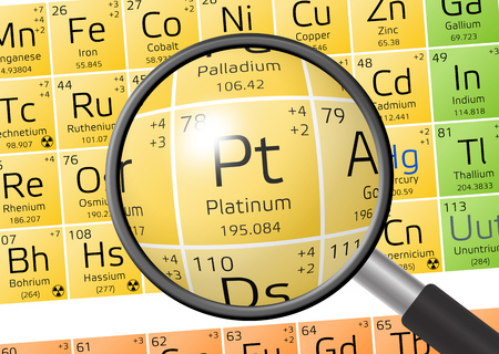 Platinum from Periodic Table of the Elements with magnifying glassの写真素材