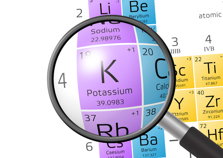 Kalium or Potassium from Periodic Table of the Elements with magnifying glassの写真素材