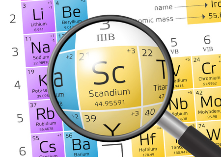 Scandium from Periodic Table of the Elements with magnifying glassの写真素材