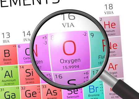 Oxygen from Periodic Table of the Elements with magnifying glassの写真素材