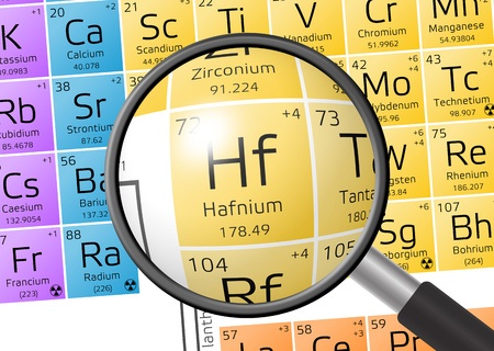 Hafnium from Periodic Table of the Elements with magnifying glassの写真素材