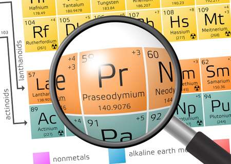 Praseodymium from Periodic Table of the Elements with magnifying glassの写真素材