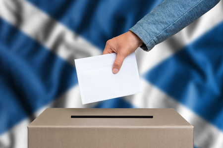 Election in Scotland. The hand of woman putting her vote in the ballot box. Scottish flag on background.の写真素材