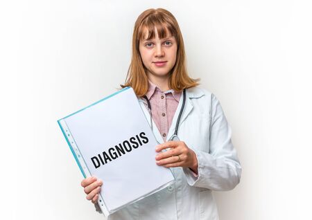 Female doctor showing medical clipboard with written text: Diagnosis - isolated on white backgroundの写真素材