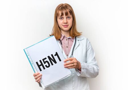Female doctor showing medical clipboard with written text: H5N1 - isolated on white backgroundの写真素材