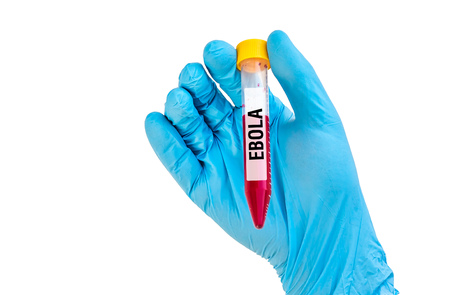 Scientists hand with blue rubber gloves holding a test-tube with blood sample for EBOLA isolated on whiteの写真素材