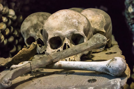Skulls and bones in the Bone Church (Ossuary - Kostnice) in Kutna Hora, Czech Republic