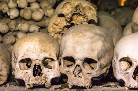 Skulls and bones in the Bone Church (Ossuary - Kostnice) in Kutna Hora, Czech Republicの写真素材
