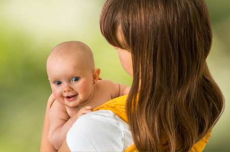 Happy mother with her baby in a sling - isolated on green background