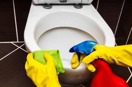 Young woman is cleaning toilet bowl with a green rag and disinfectantの写真素材