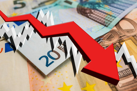 Dropping arrow with euro money background - euro money fall concept