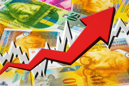 Growing arrow with swiss francs money background - swiss money rise conceptの写真素材