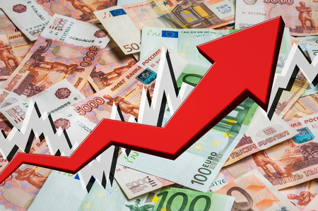 Red growing arrow with russian and euro money backgroundの写真素材