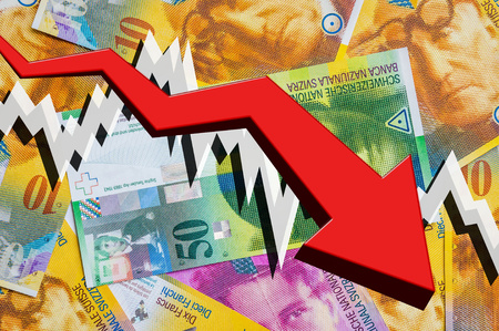 Dropping arrow with swiss francs money background - swiss money fall conceptの写真素材