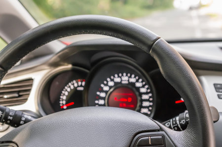Vehicle interior with steering wheel and dashboard - car salon concept