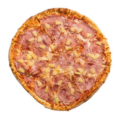 Top view of pizza Hawai isolated on white backgroundの写真素材