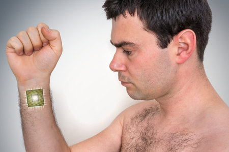 Bionic microchip (processor) inside male human body - future technology and cybernetics concept