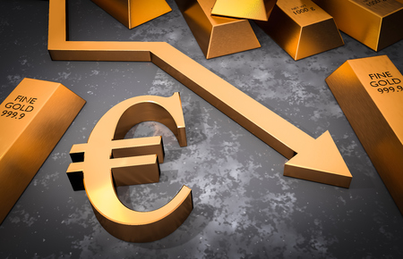 Golden euro symbol and golden arrow down - euro money fall conceptの写真素材