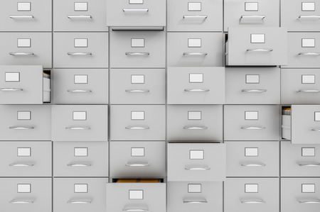 Filing cabinets with open drawers - data collection concept. 3D rendered illustration.の写真素材