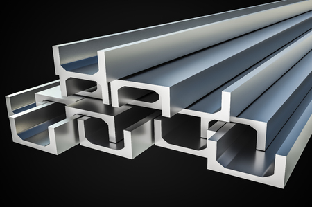 Steel metal profiles in u-bar shape isolated on black - industry concept. 3D rendered illustration.の写真素材
