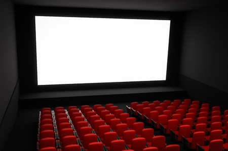 Cinema auditorium with white blank screen and red seats. 3D rendered illustration.の写真素材