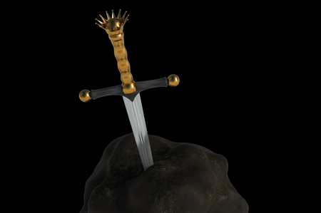 Excalibur sword in the stone isolated on black background. 3D rendered illustration.の写真素材