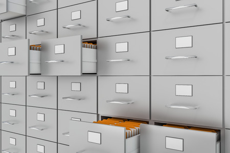 Filing cabinet with yellow folders in an open drawers - data collection concept. 3D rendered illustration.の写真素材