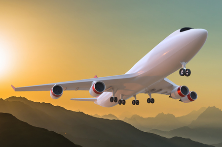 Passenger airplane at sunset. 3D rendered illustration.の写真素材