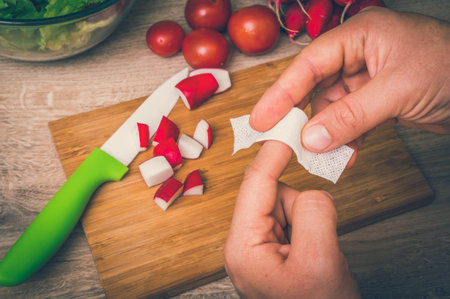 Woman is applying aid plaster on her finger - injury in kitchen - retro style