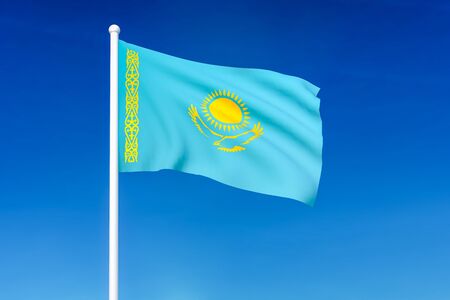 Waving flag of Kazakhstan on the blue sky background - 3D renderedの写真素材