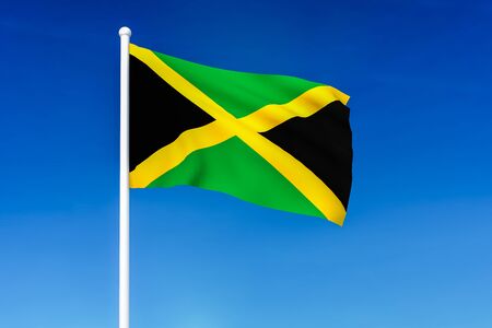 Waving flag of Jamaica on the blue sky background - 3D renderedの写真素材