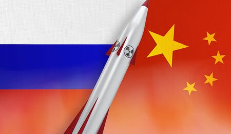 Nuclear missile of Russia and China on flags background. 3D rendered illustration.の写真素材