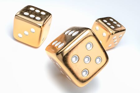Set of golden dice with white dots isolated on white background. 3D rendered illustration.の写真素材