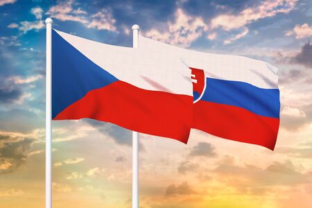 Relationship between the Czech Republic and the Slovakia. Two flags of countries on heaven with sunset. 3D rendered illustration.の写真素材