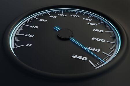 Blue speedometer in car on dashboard. 3D rendered illustration.の写真素材