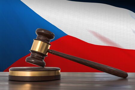 Justice in Czech Republic. Wooden gavel in lawyer office. 3D rendered illustration.の写真素材