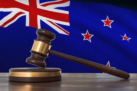 Justice in New Zealand. Wooden gavel in lawyer office. 3D rendered illustration.の写真素材