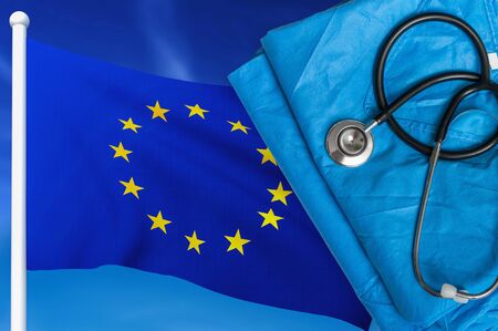 Health care in European Union. Stethoscope and medical uniform on national flag background.の写真素材