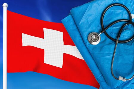 Health care in Switzerland. Stethoscope and medical uniform on national flag background.の写真素材