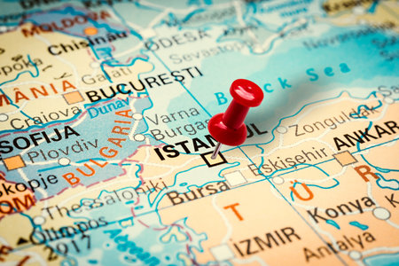 PRAGUE, CZECH REPUBLIC - JANUARY 12, 2019: Red thumbtack in a map. Pushpin pointing at Istanbul city...