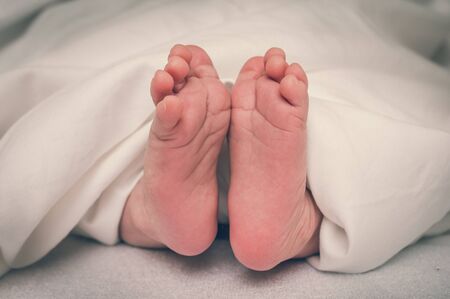 Newborn baby feet in bed under white blanket - retro styleの写真素材