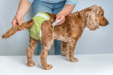 Woman changing diaper of her dog - estrus cycle or incontinence conceptの写真素材