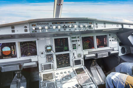 PRAGUE, CZECH REPUBLIC - AUGUST 7, 2020: Airplane cockpit inside of civil aircraftのeditorial素材
