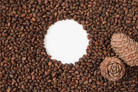 Brown fresh natural whole pine nuts, seeds on Siberian pine. Round white empty space as frame in the middle and two pine cones on the right side. Horizontal orientation. Copy space.の写真素材