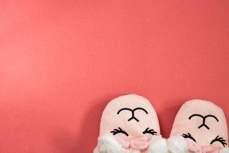 female wearing cute sleeping pink lama trendy slippers soft pastel pink and coral colours on empty backgroundTop view Soft comfortable slippers, bathの写真素材