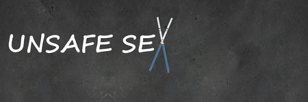 Text UNSAFE SEX, letter X made with two positive pregnancy tests with two red lines. Creative concept about sexual education, unwanted pregnancy, family planning, Horizontal banner with copy spaceの写真素材