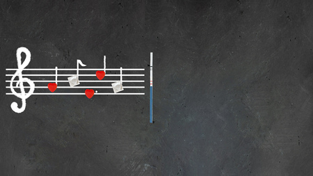 Music note sheet on chalkboard notes made up with mock up condom packs and red hearts and pregnancy test, Creative concept about sexual education, protection from unwanted pregnancy, horizontal bannerの写真素材