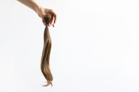 Hand holding long blond hair donation tightened with ribbon ponio for cancer patient on white background. Natural material for making wig. Horizontal, Copy space for textt and design.の写真素材