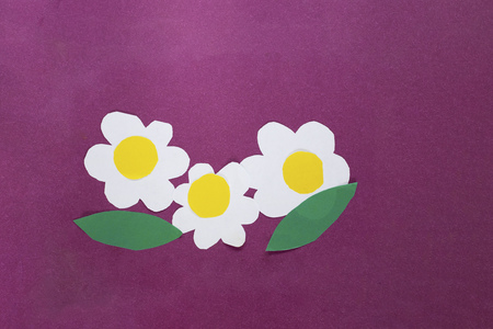 Child greeting card with three daisy with green leaves from paper to March 8 or Mother's Day on violet background. Children's craft art project. Horizontal with copy space for text and designの写真素材
