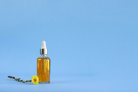 Glass mockup bottle with orange oil and flowers of healing herb foalfoot or Tussilago farfara on lighnt blue empty background with copy space for design about cosmetics, skin care, sun screen.の写真素材